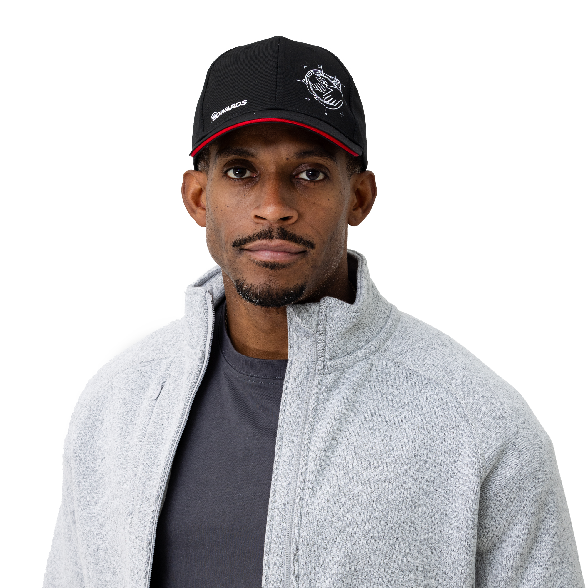 black edwards cap with white logo and pattern