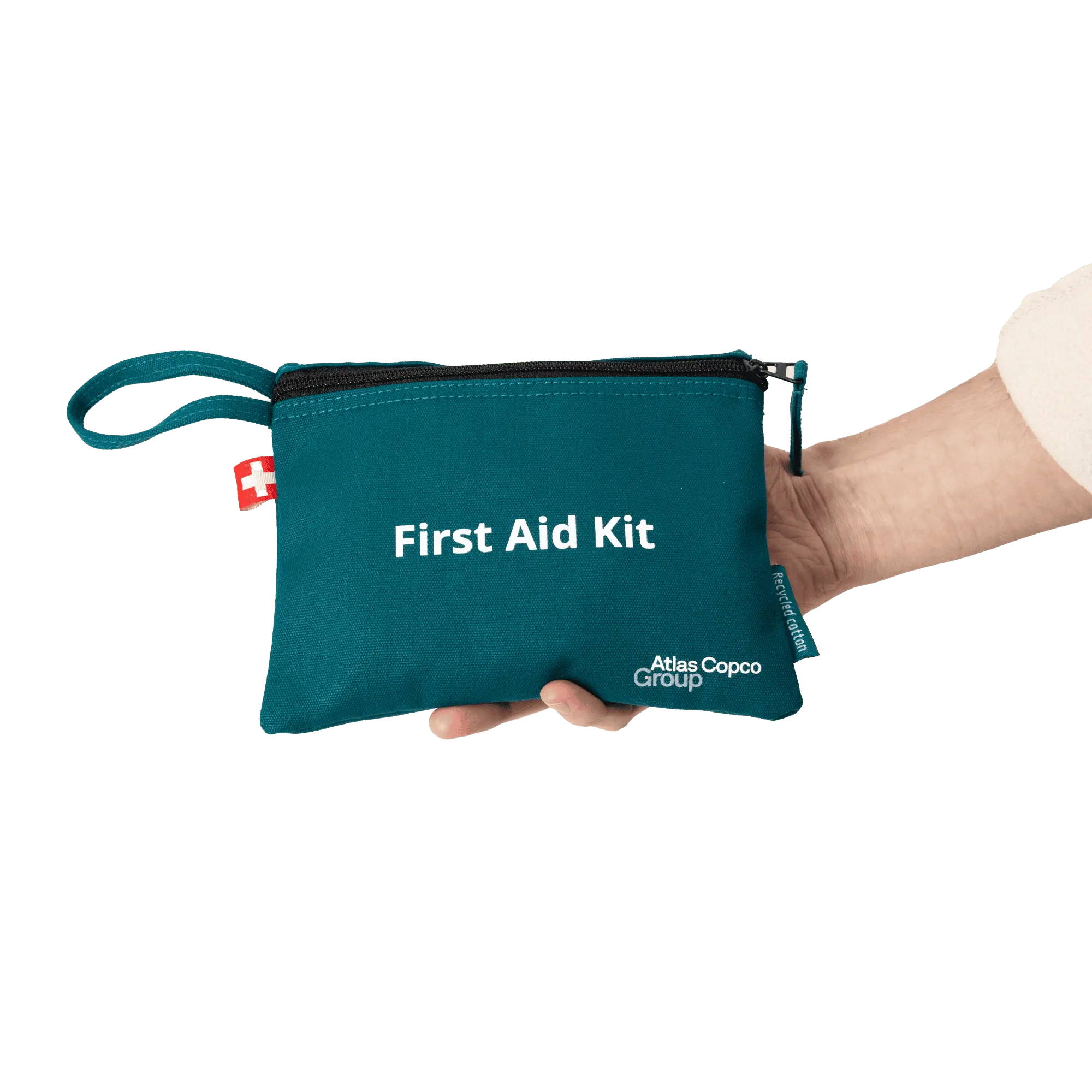 first aid kit with atlas copco group logo in hand