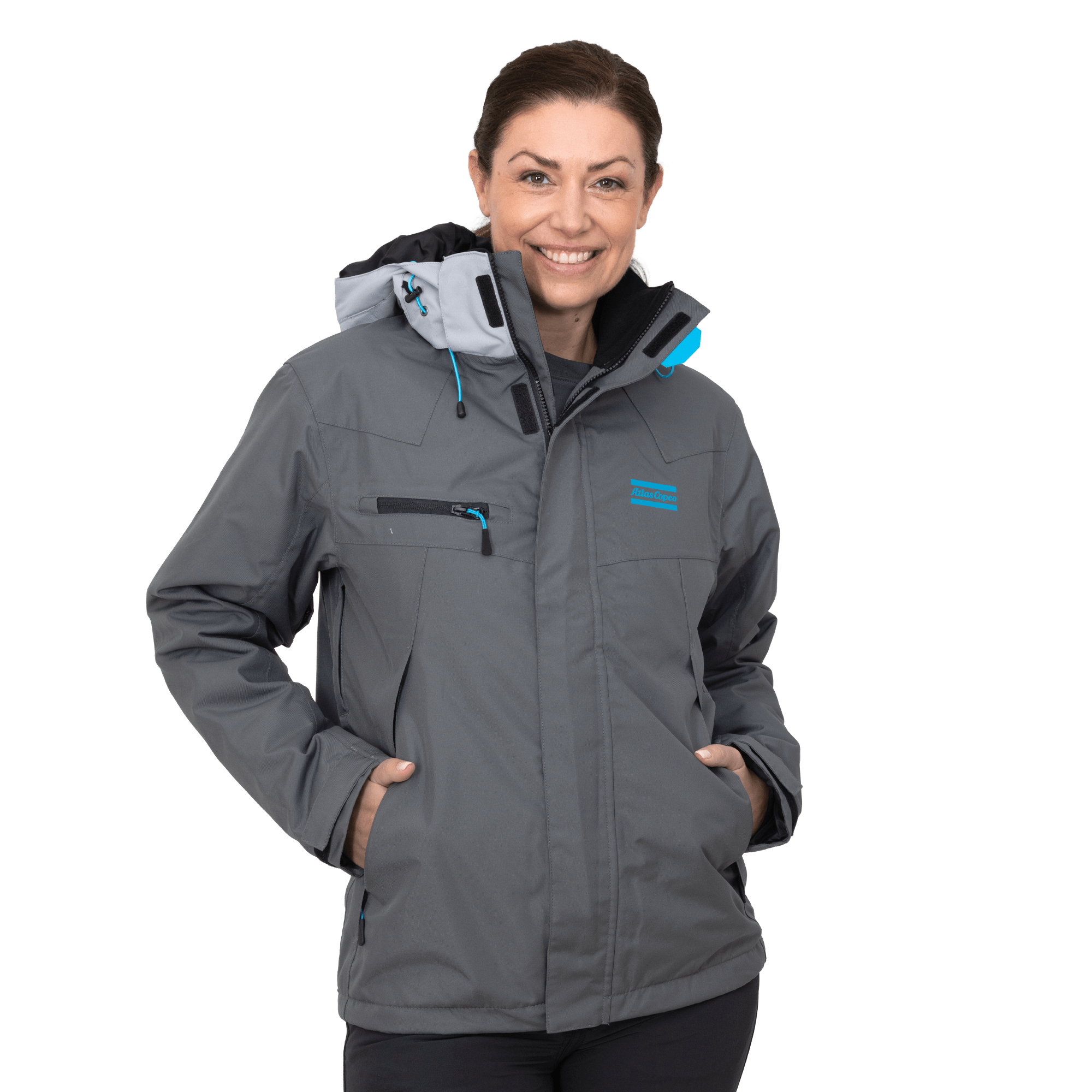 grey winter jacket with atlas copco logo in blue