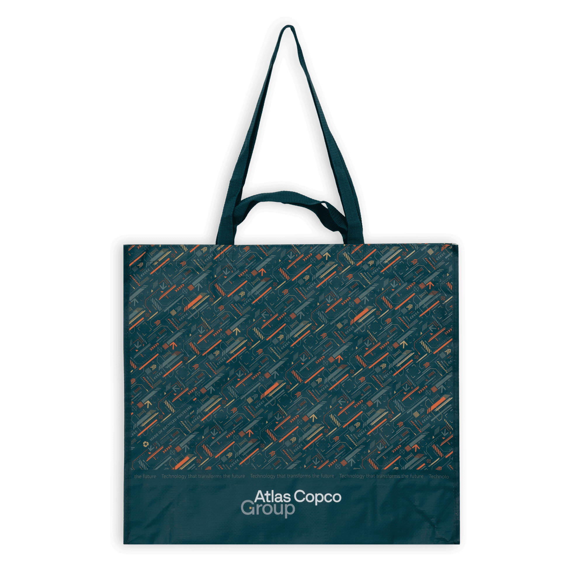 large shopping bag with atlas copco group logo and pattern from front