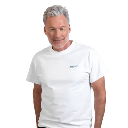 man wearing white tshirt with atlas copco group logo