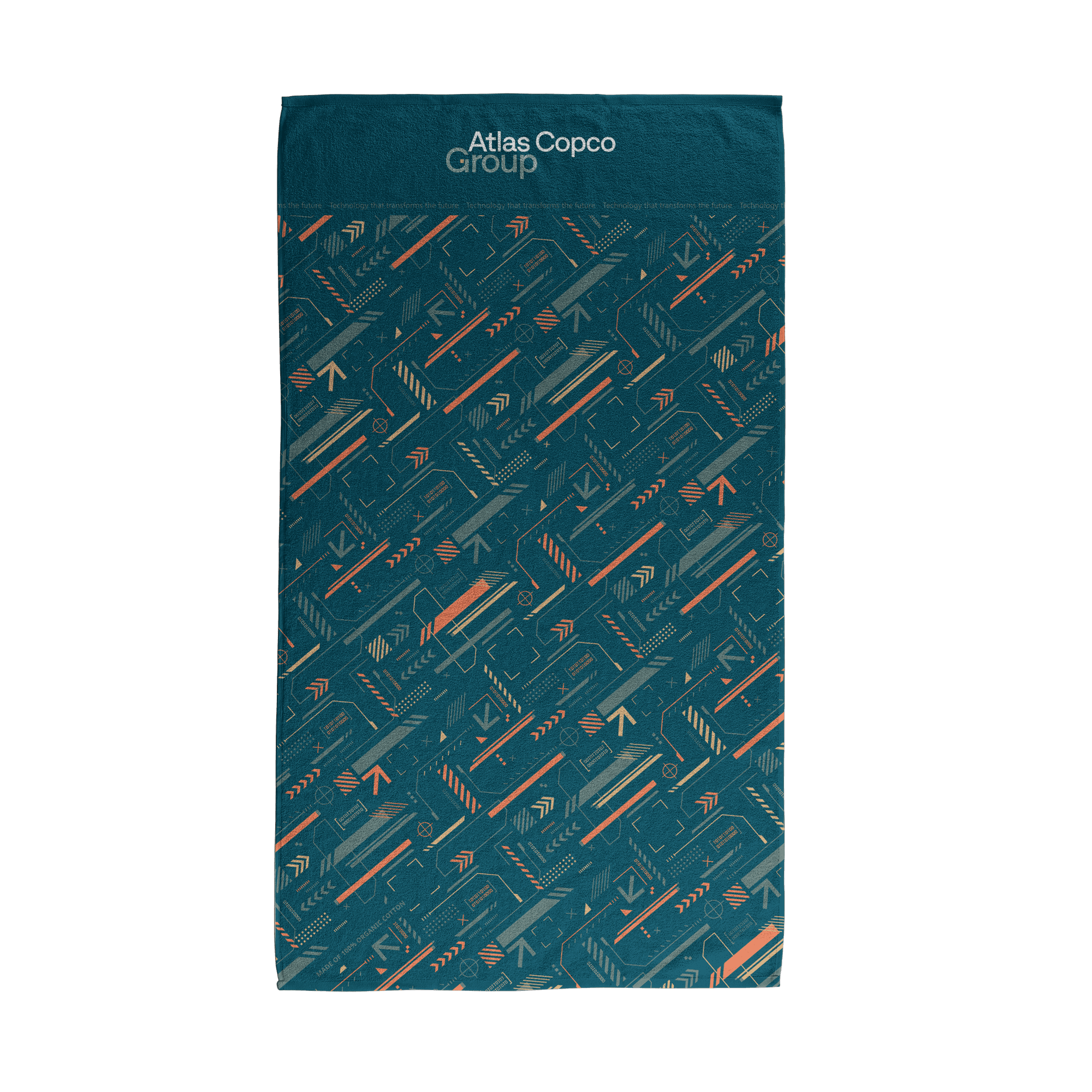 teal towel with atlas copco group logo and pattern