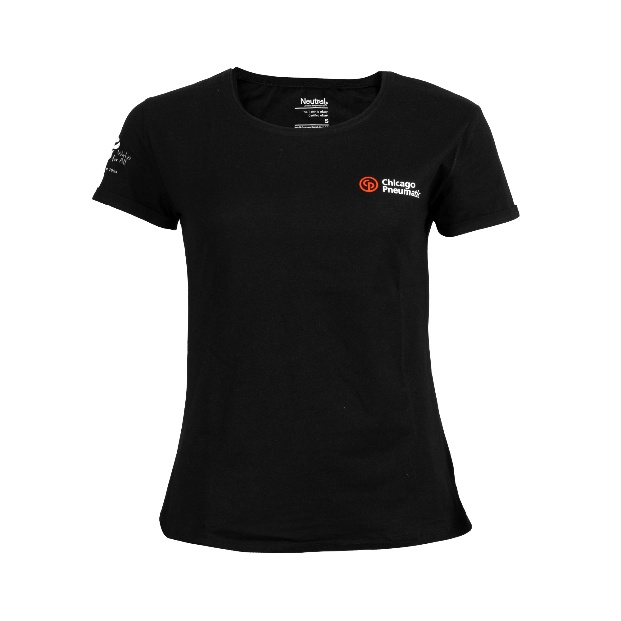 black t-shirt with chicago pneumatic logo in white and red