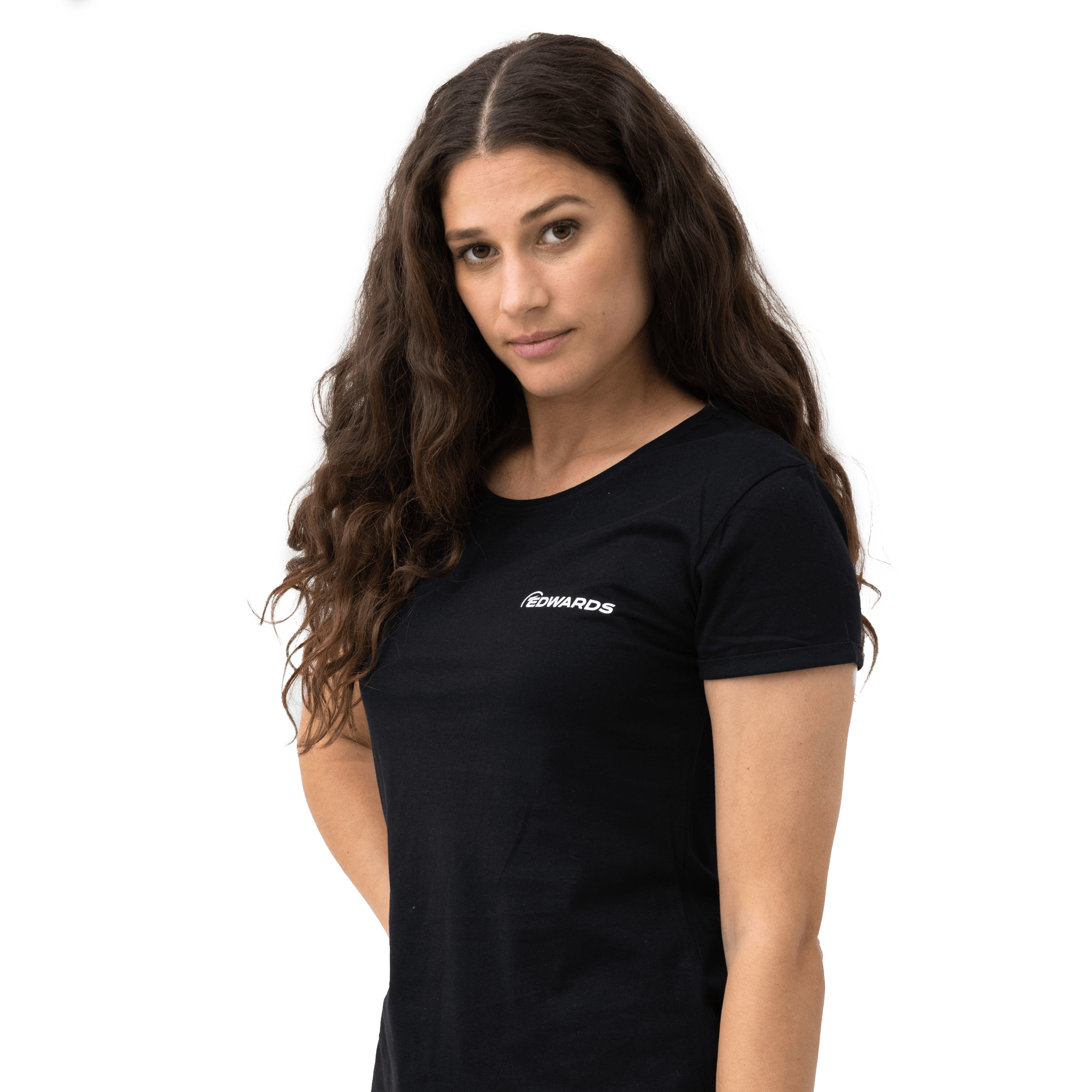 tshirt with edwards logo on female model close up