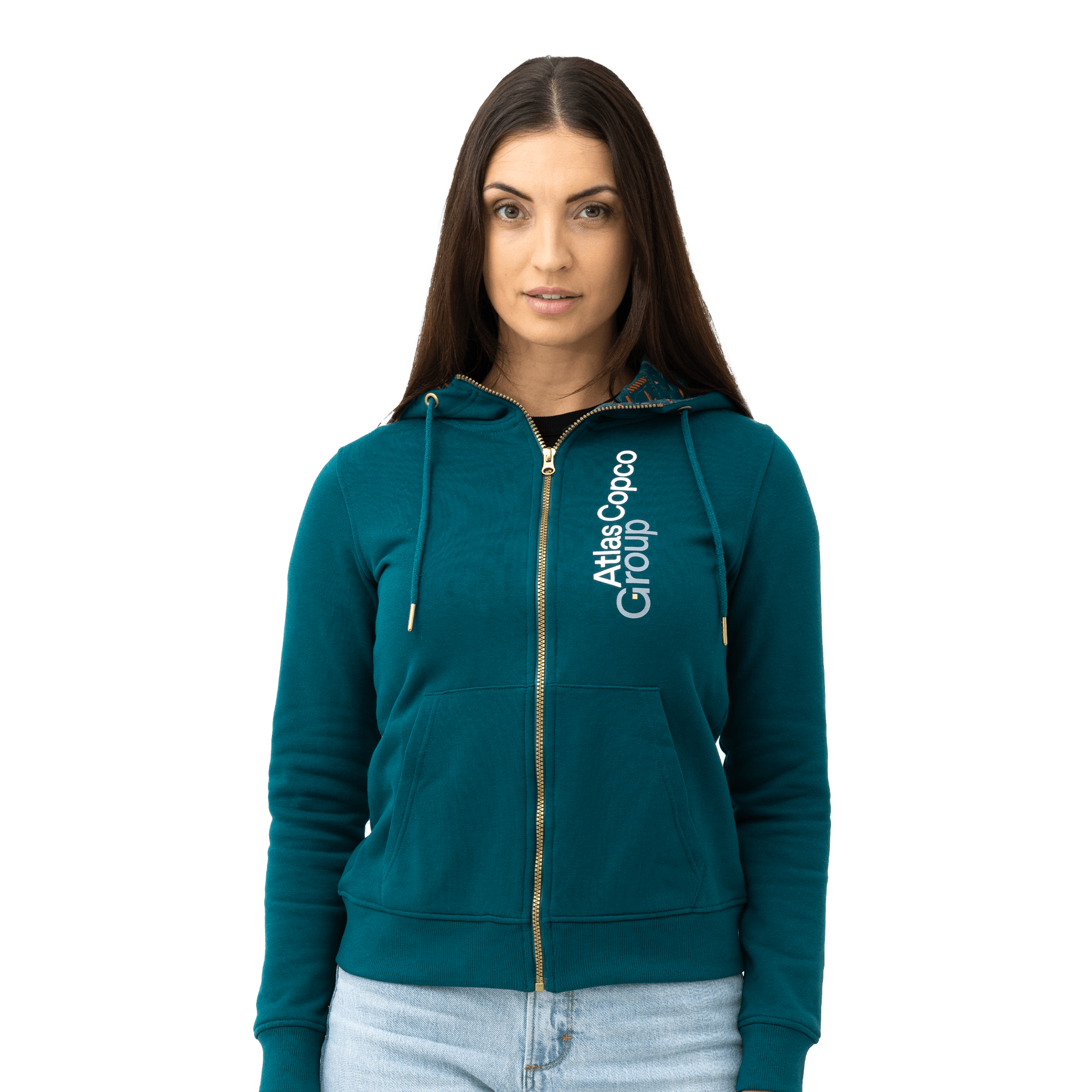 teal atlas copco group hoodie with white vertical logo