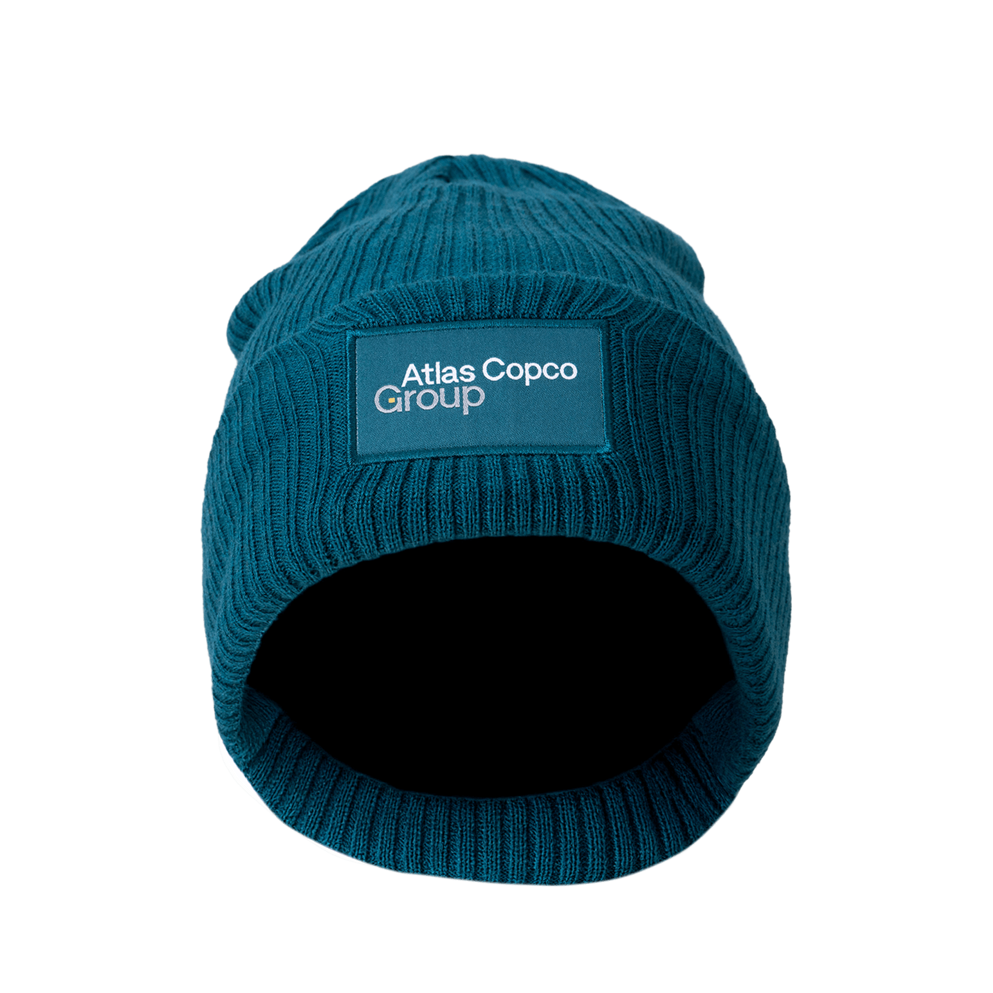 teal winter hat with atlas copco group logo