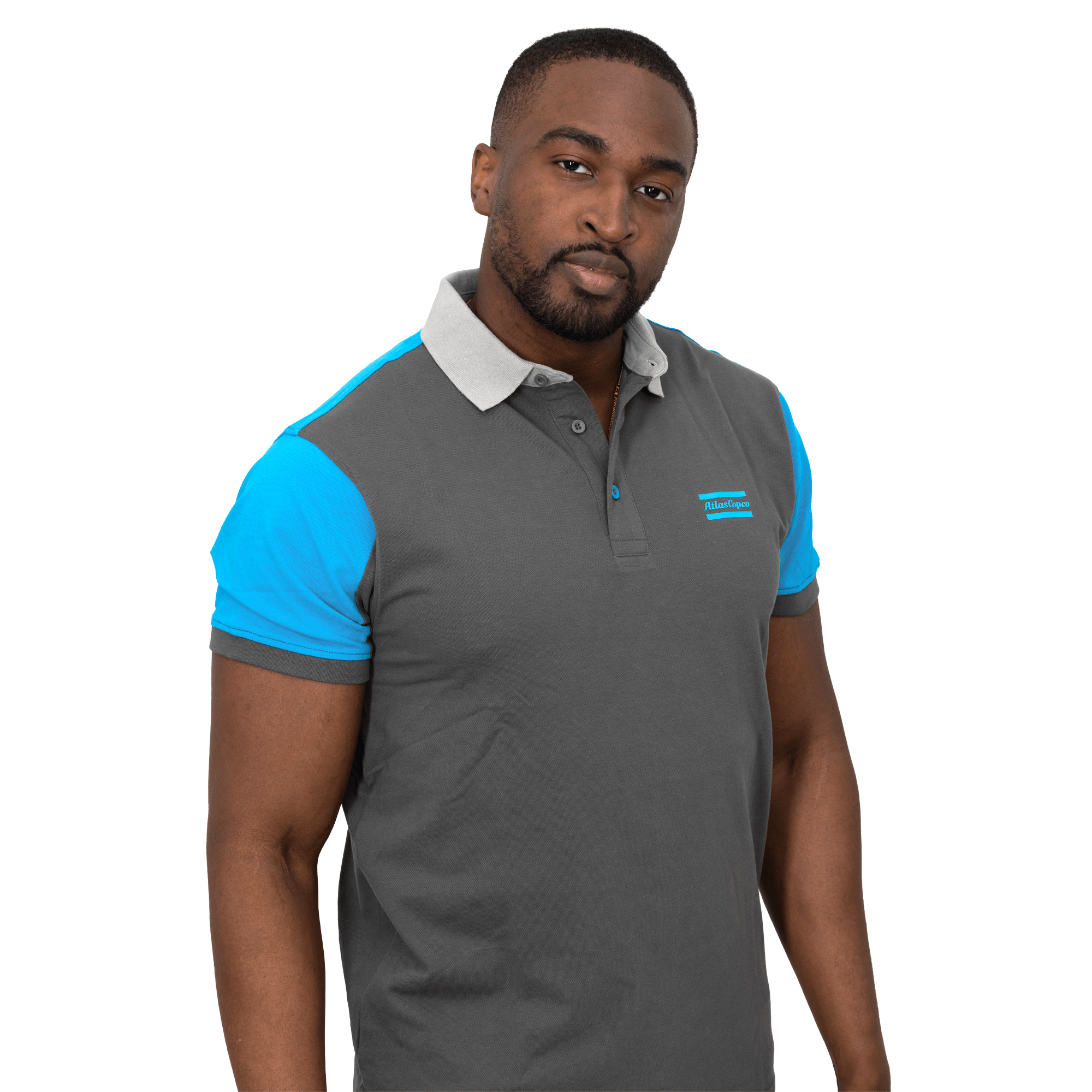 grey polo with blue shoulders and atlas copco logo