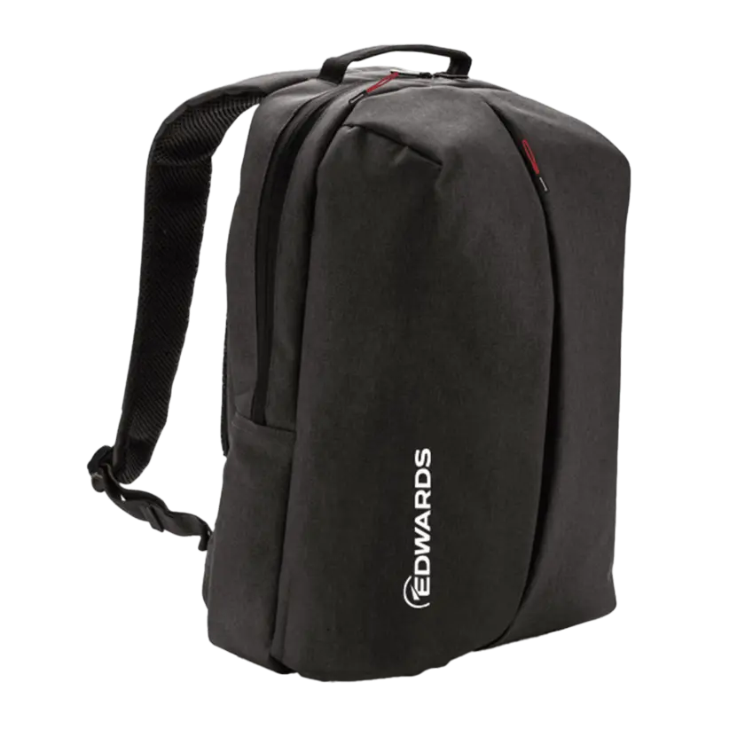black backpack with white edwards logo
