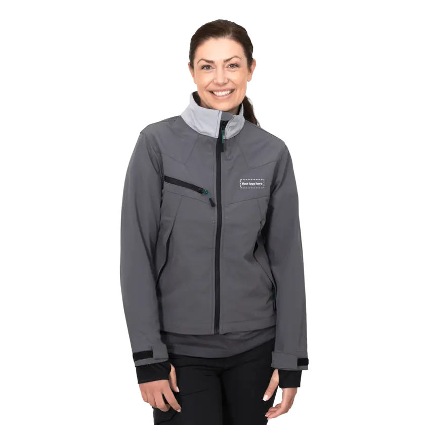 grey work wear jacket on female model