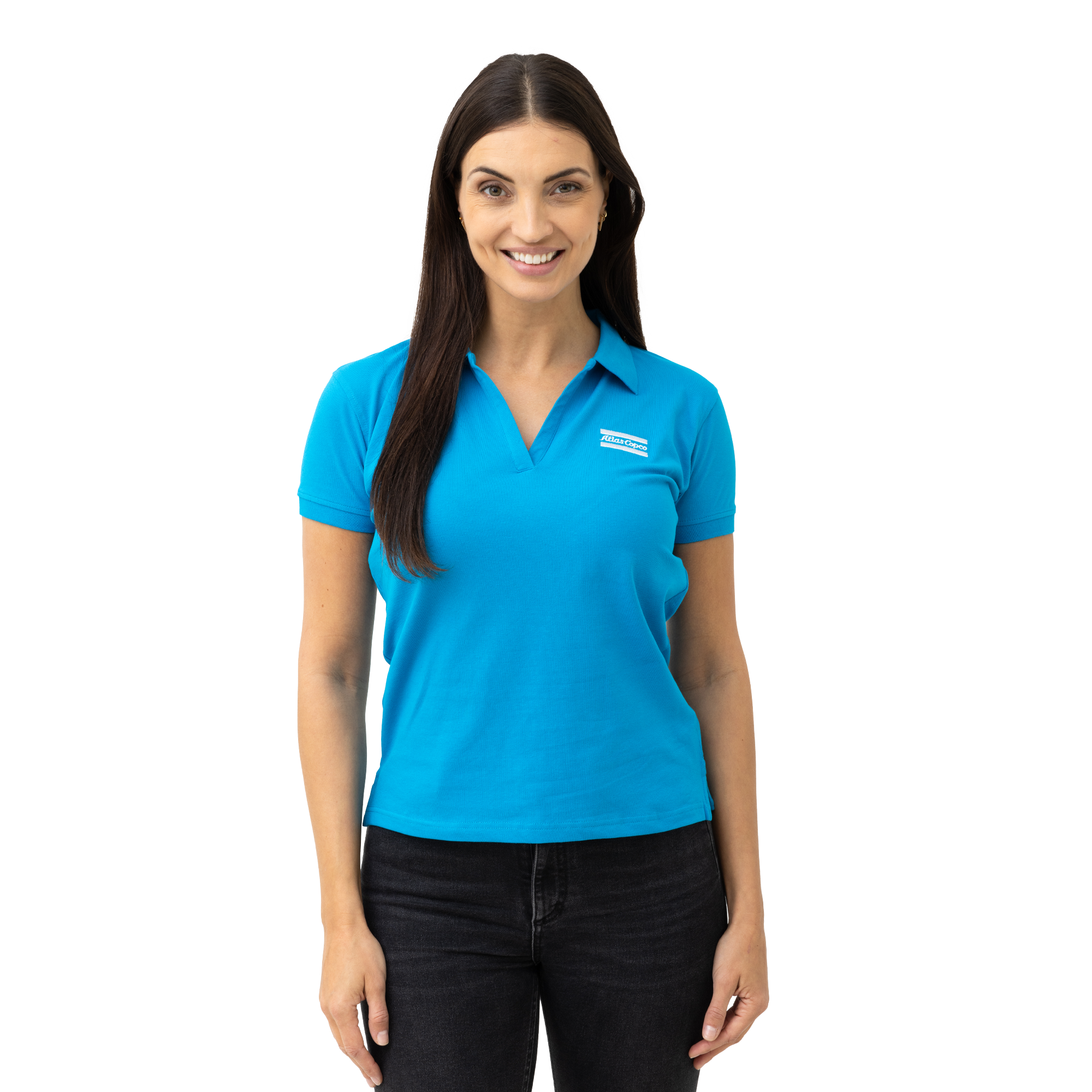 blue polo with atlas copco logo in white