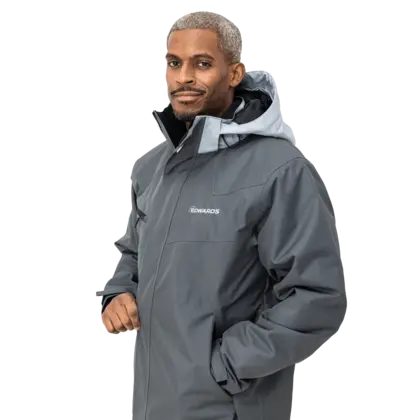 grey work wear jacket on male model with edwards logo