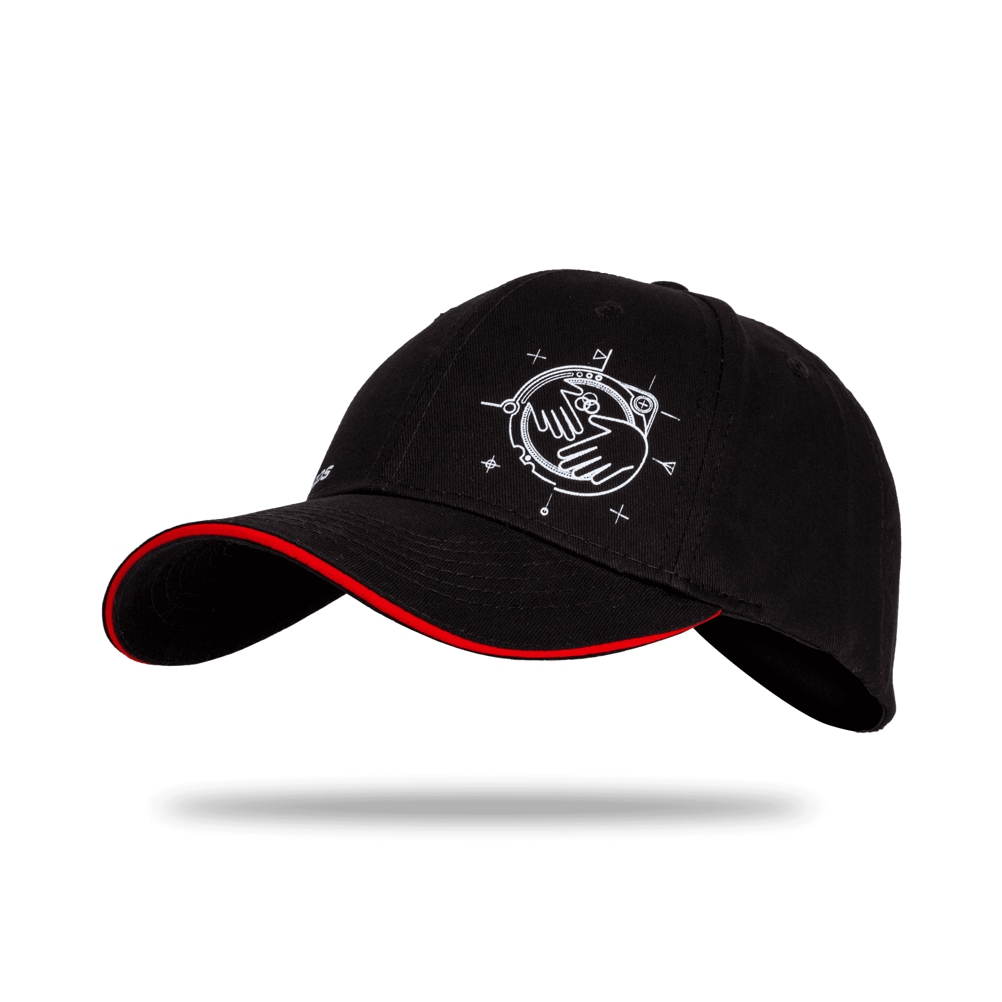 black edwards cap with white logo and pattern side view