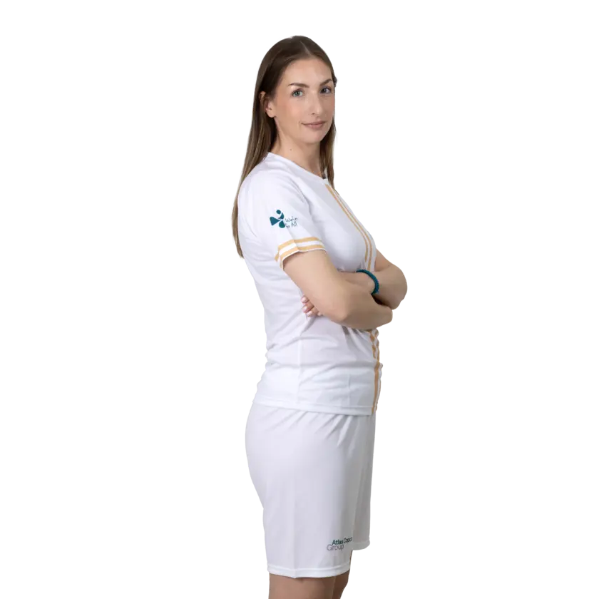 white soccer jersey clothes with atlas copco group logo