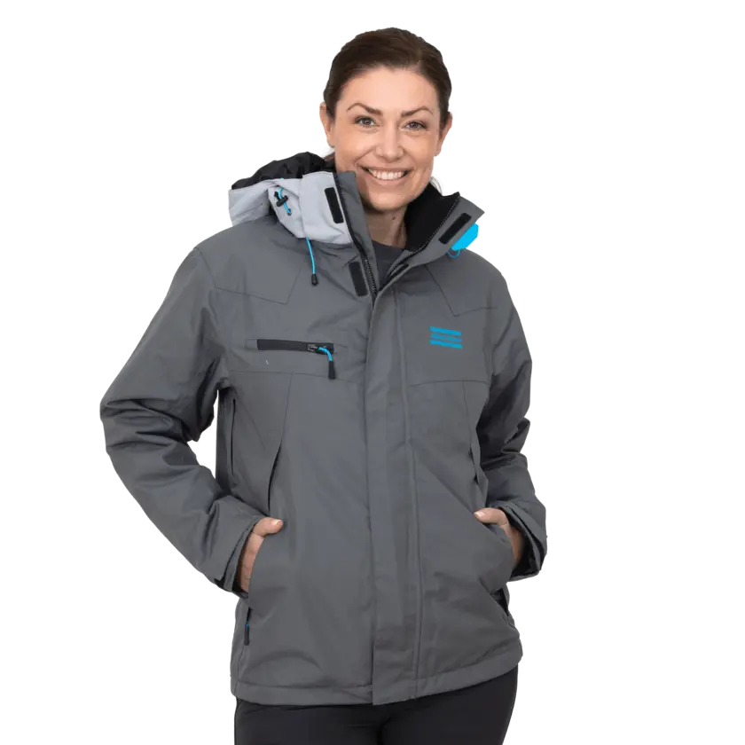 grey winter jacket with atlas copco logo in blue
