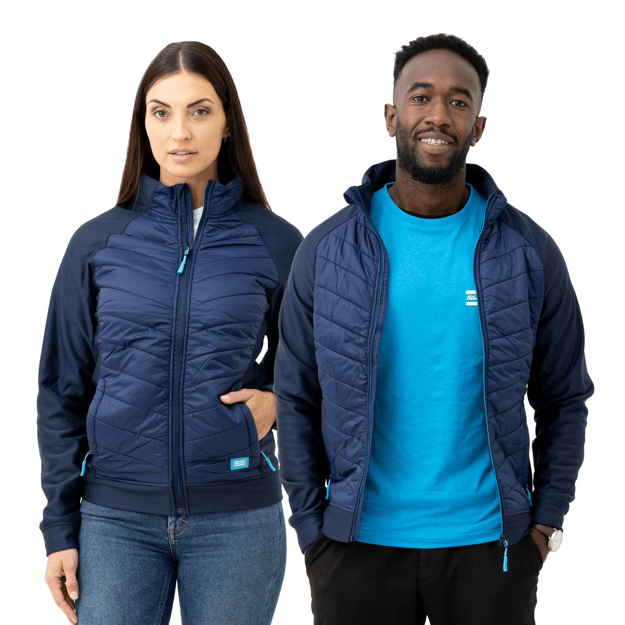 crossover jacket in navy color and atlas copco logo patch