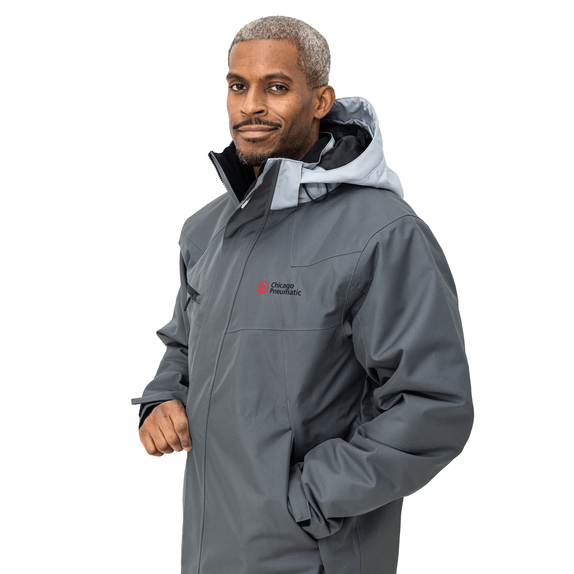 grey work wear jacket on male model with chicago pneumatic logo