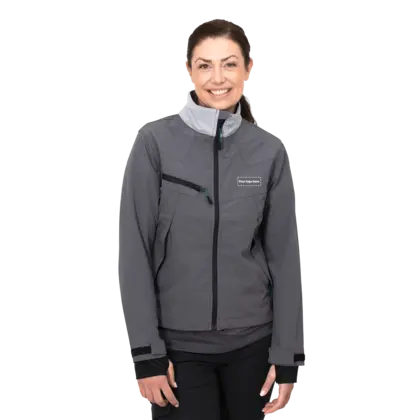 grey work wear jacket on female model