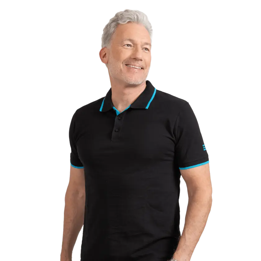 Man wearing black polo shirt with blue details