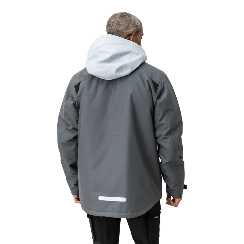 grey work wear jacket on male model from back