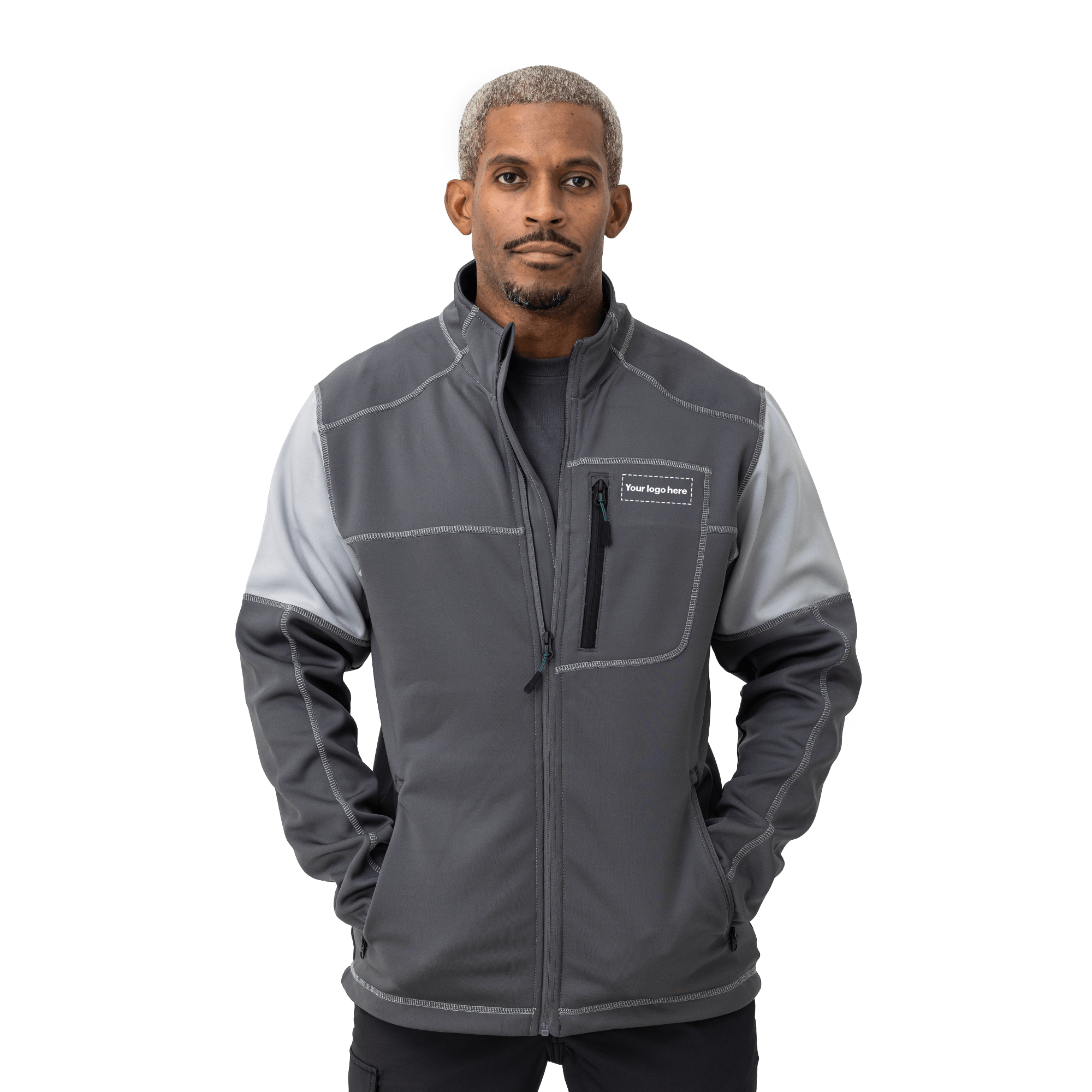 grey work fleece on male model