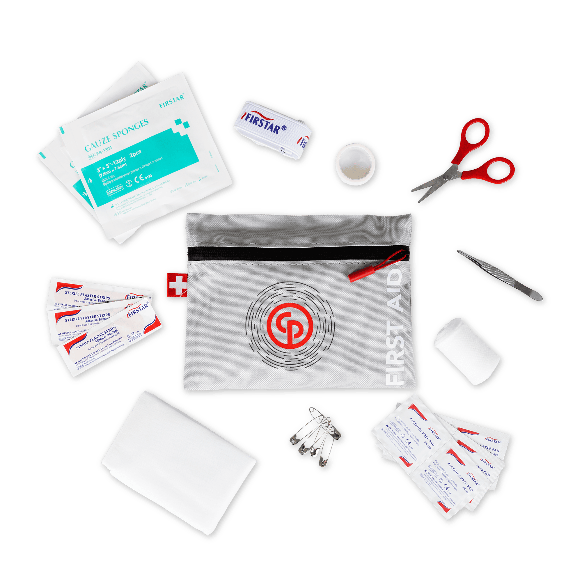 white first aid kit with chicago pneumatic logo in red with tools from inside the kit