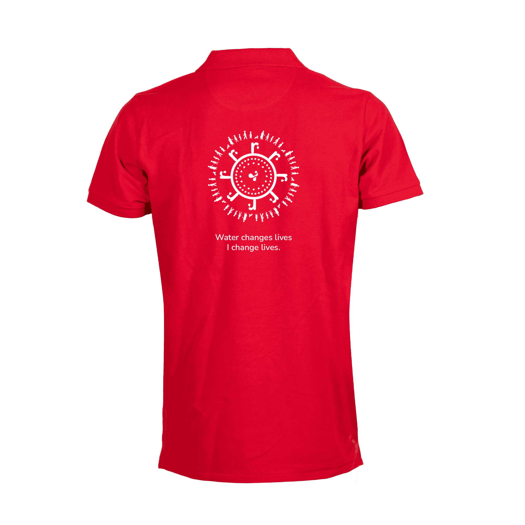 red polo shirt with white water for all on back