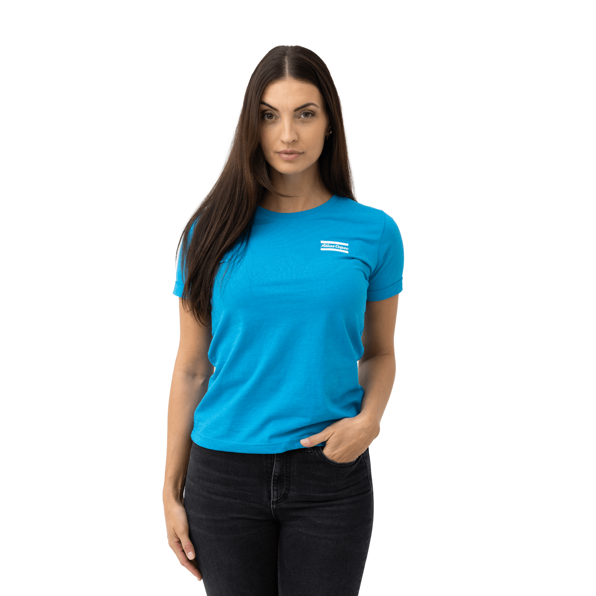 blue tshirt with white atlas copco logo