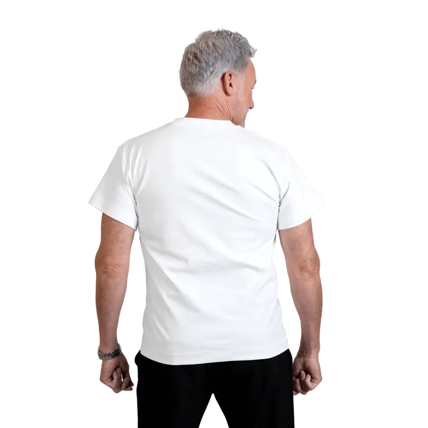 man wearing white tshirt with atlas copco group logo