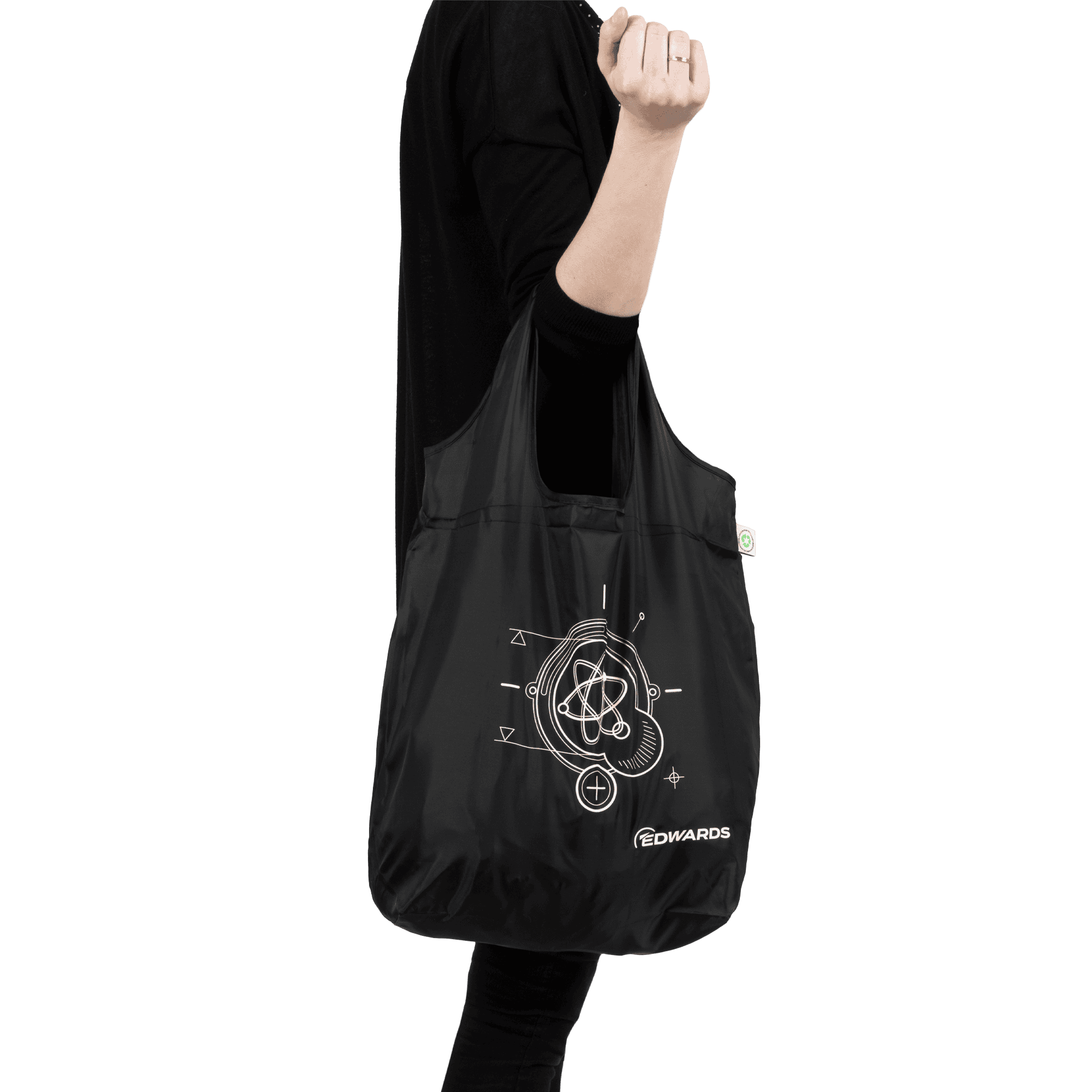 black shopping bag with edwards logo and pattern in white on model