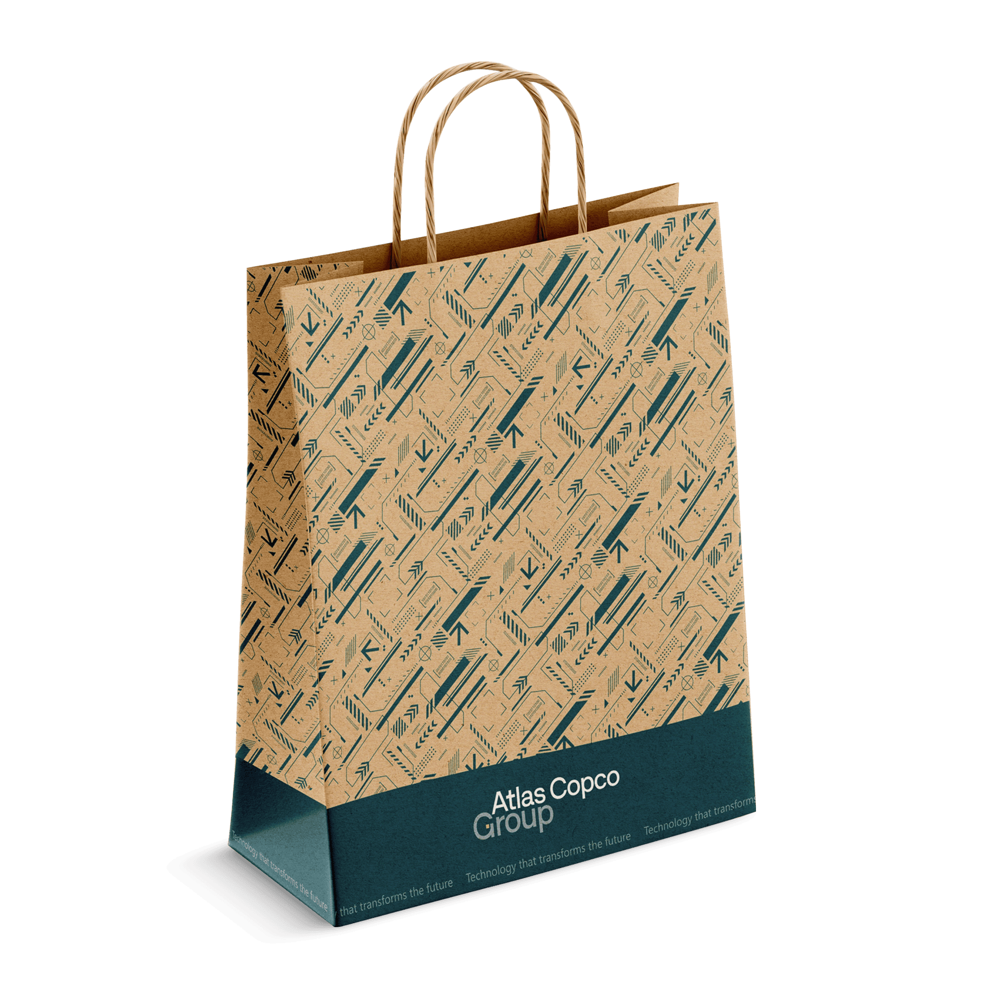 atlas copco group paper bag with teal pattern
