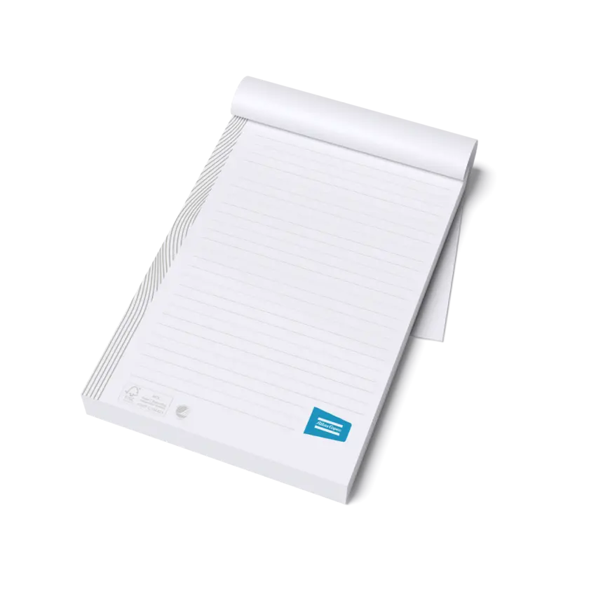 lined notepad with beige pattern and lines and atlas copco logo in blue