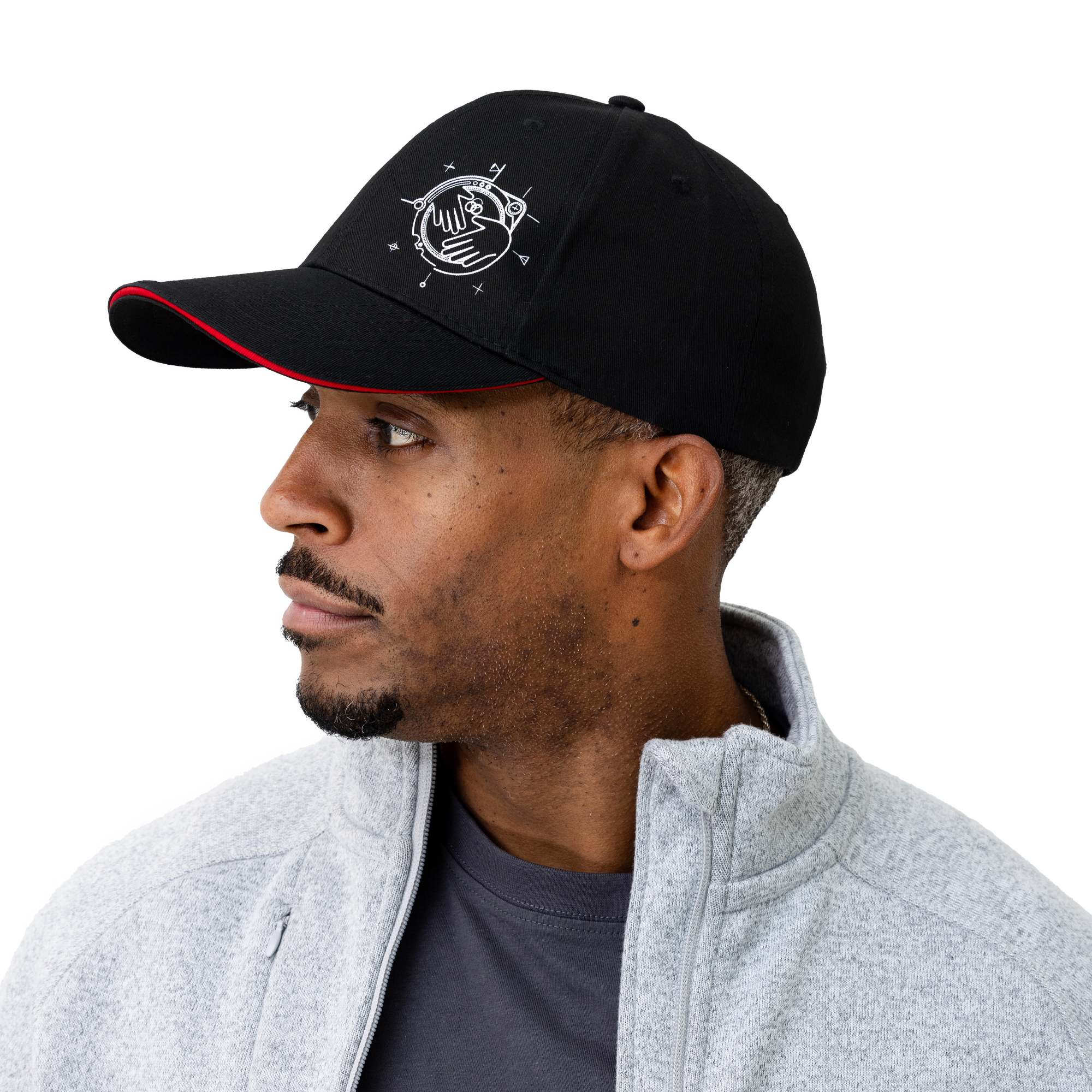 black edwards cap with white logo and pattern side view