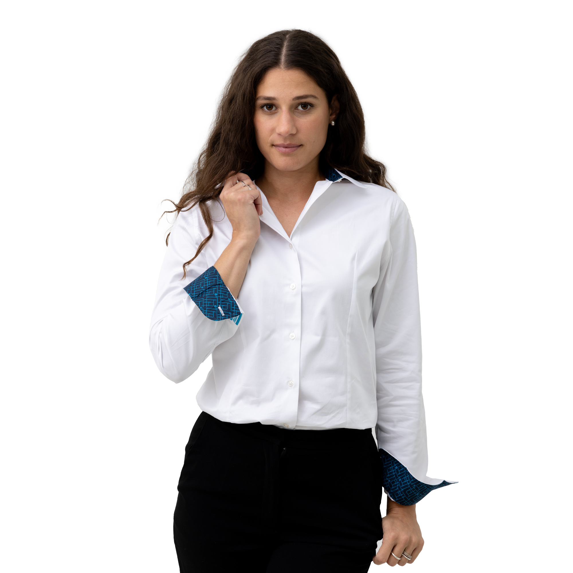 white business shirt with logo on sleeves