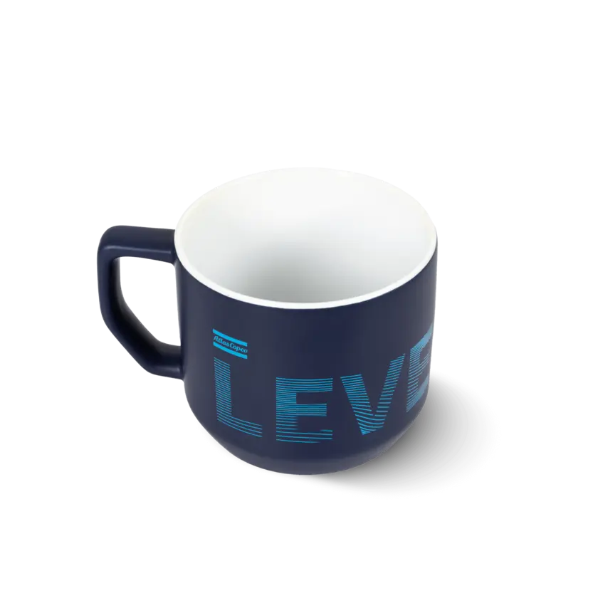blue cheramic mug with atlas copco logo and copy
