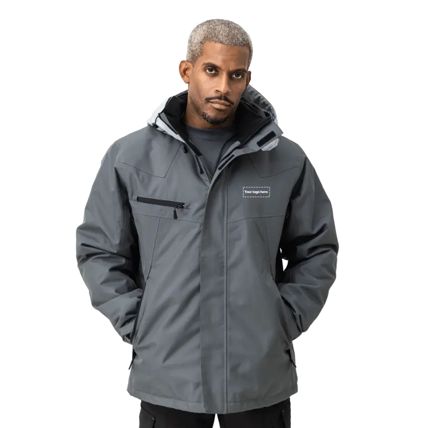 grey work wear jacket on male model