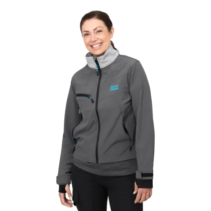 grey soft shell jacket with atlas copco logo in blue