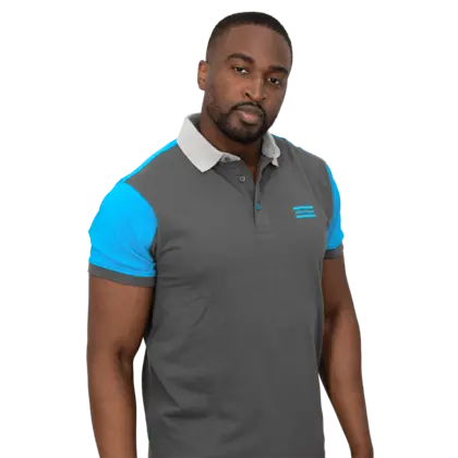 grey polo with blue shoulders and atlas copco logo