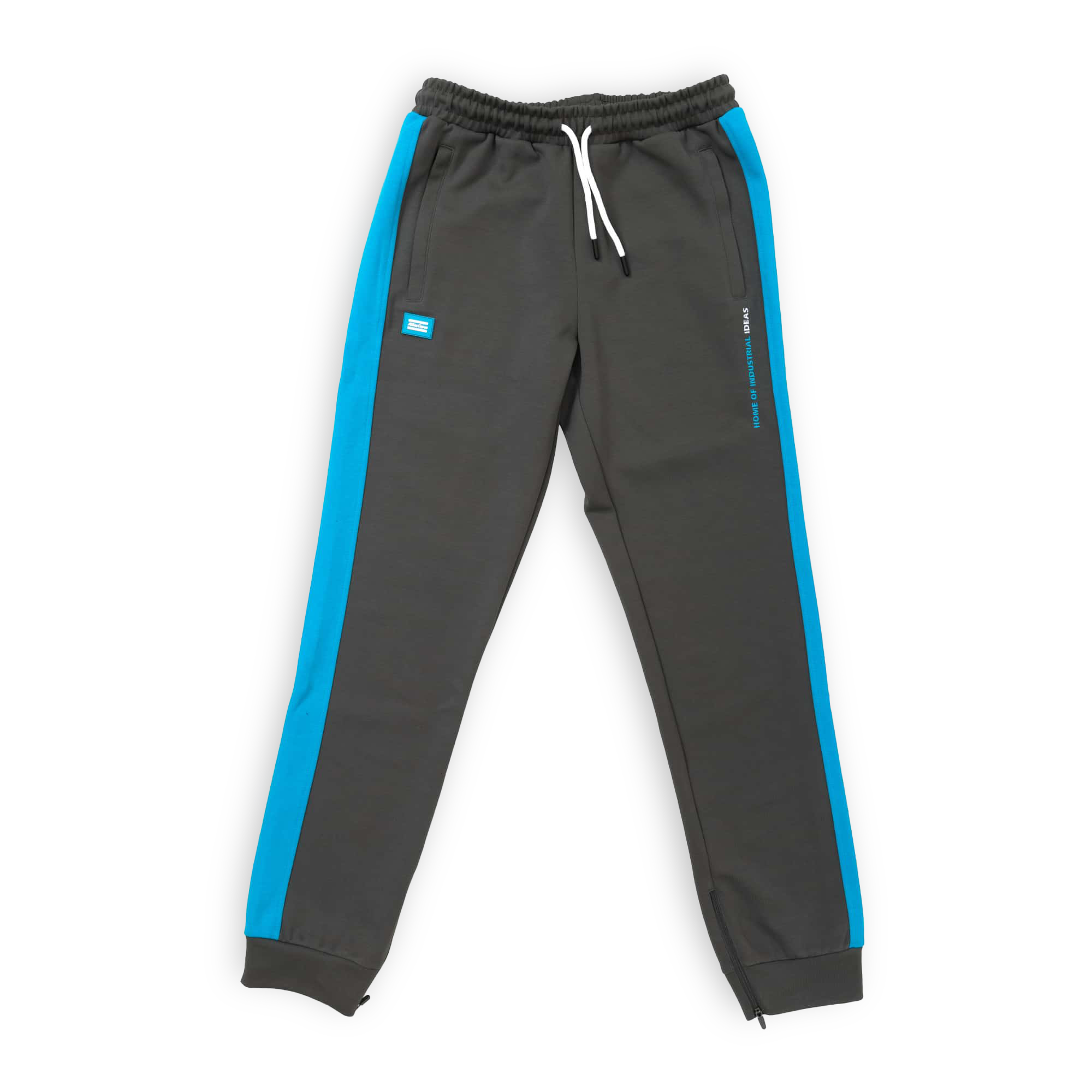 grey track suit pants with blue stripe 