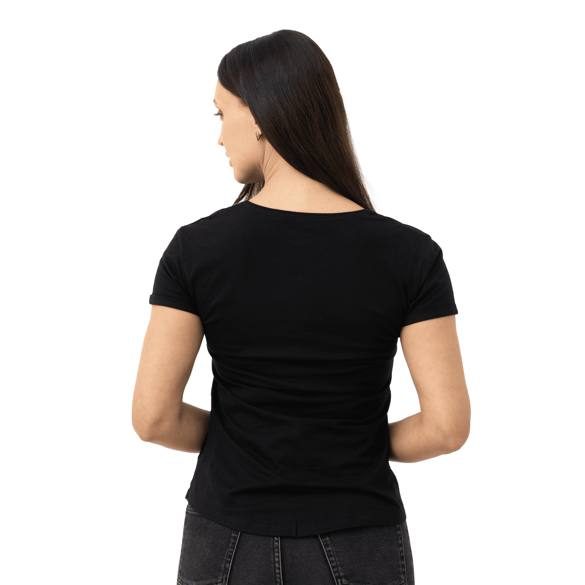 black t-shirt on female model from back