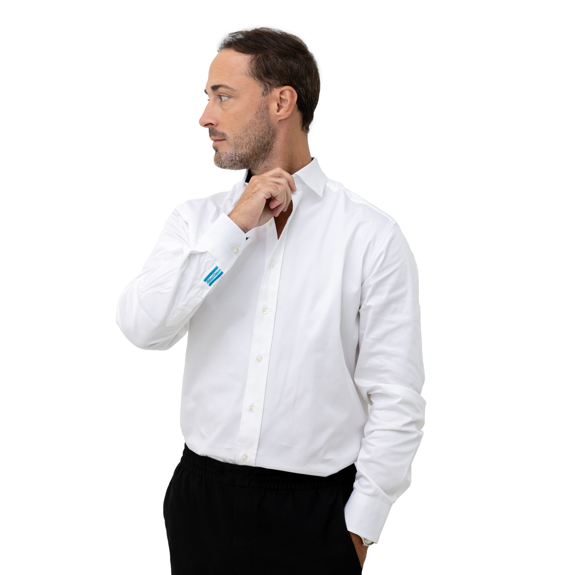 white business shirt with logo on sleeves