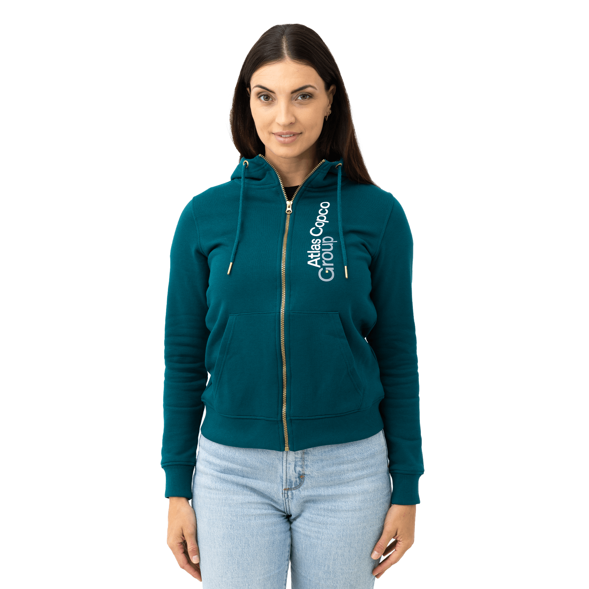 teal atlas copco group hoodie with white vertical logo