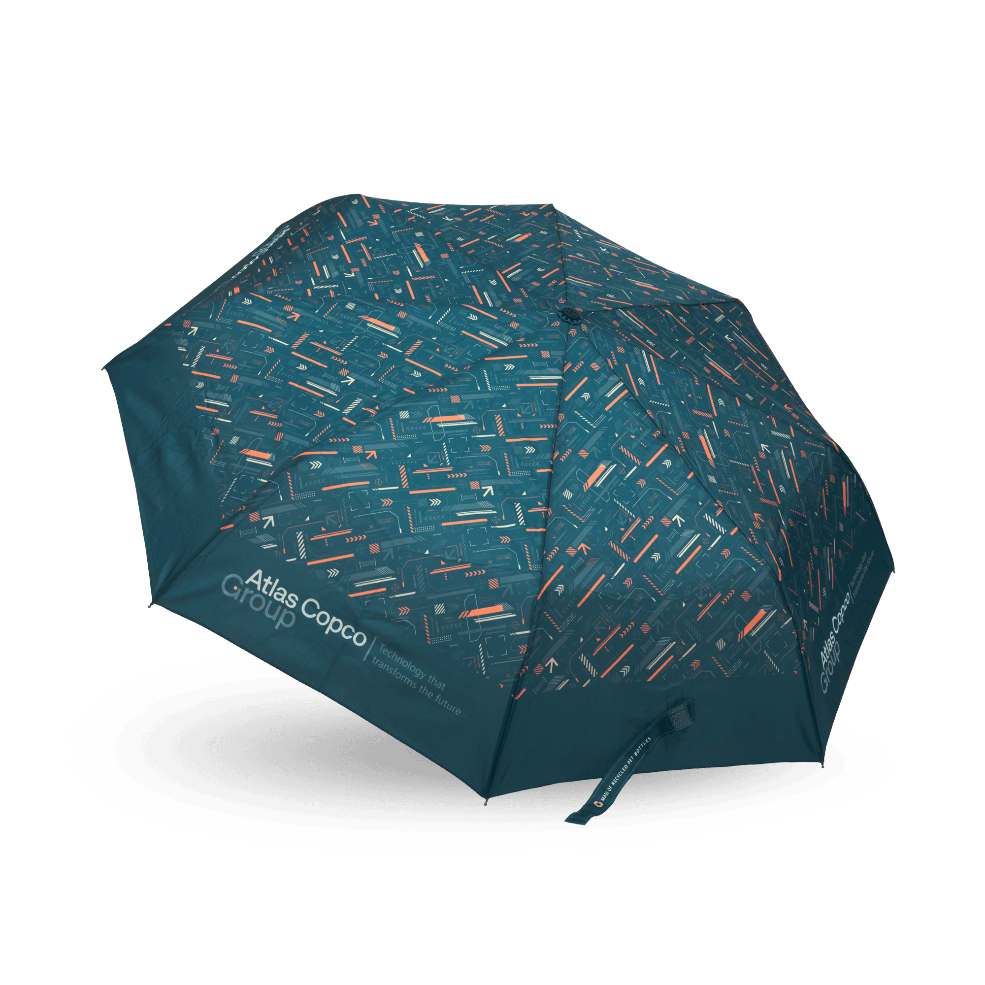 atlas copco group teal umbrella with logo and pattern