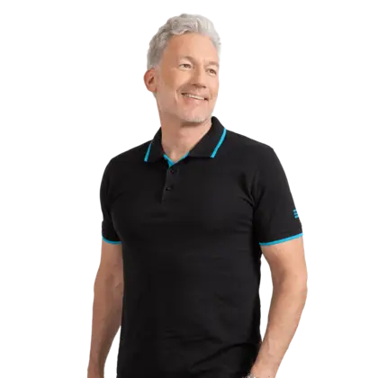 Man wearing black polo shirt with blue details