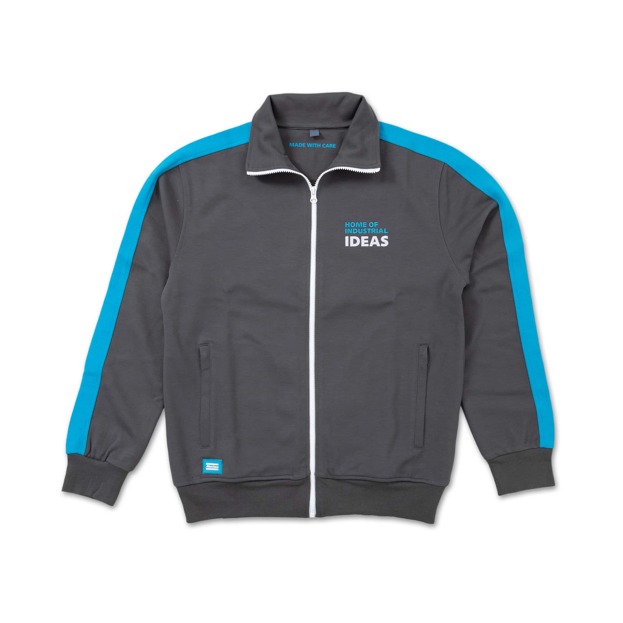 grey track suit jacket with blue stripe and home of industrial ideas logo