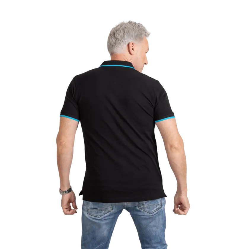 Man wearing black polo shirt with blue details