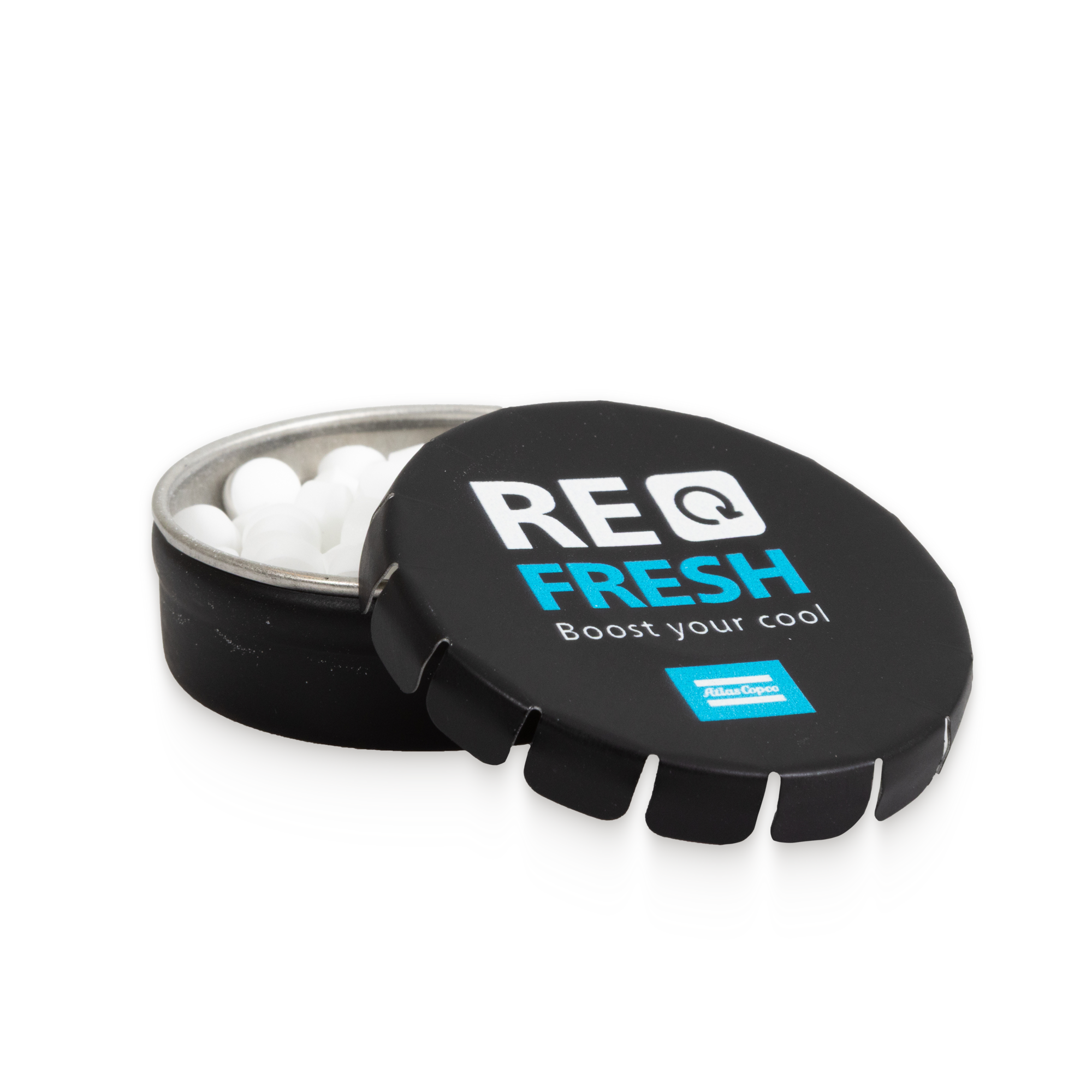 mint pastilles with atlas copco logo and text refresh