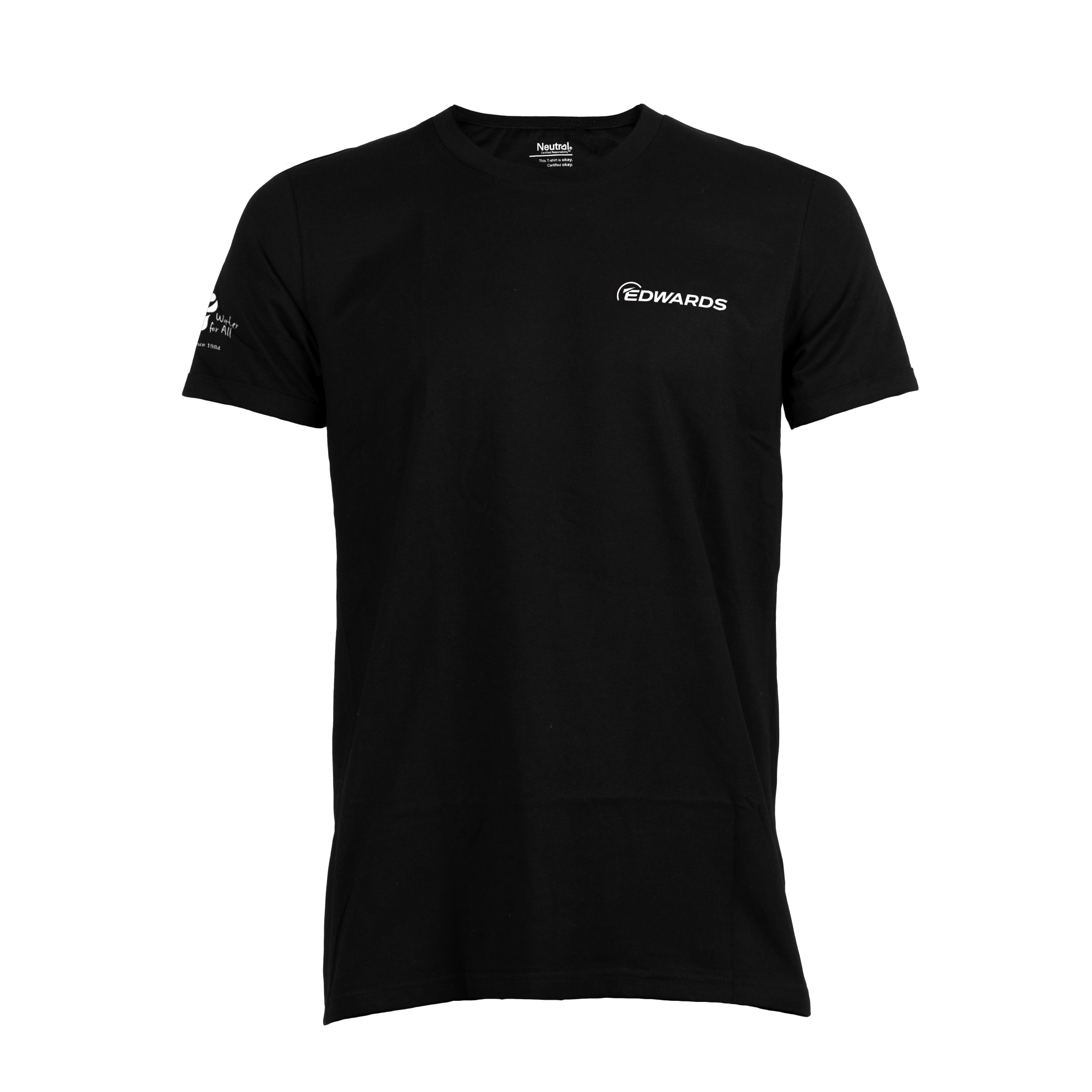 black t-shirt with white logo