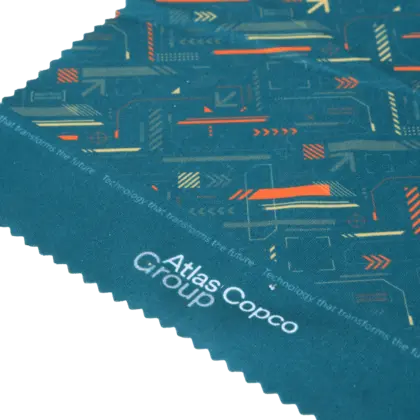 cleaning cloth with atlas copco group logo and pattern close up