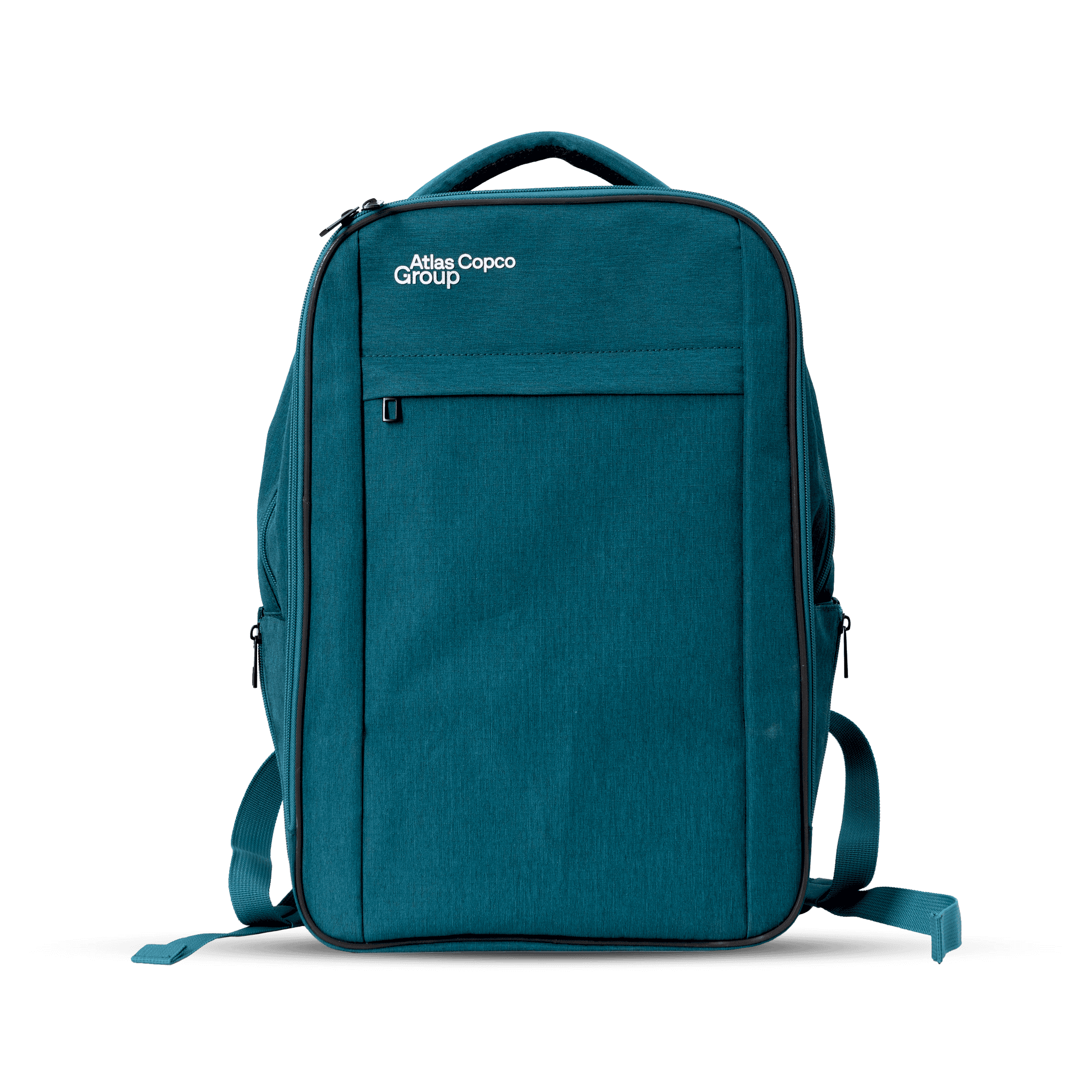 Teal color backpack with Atlas Copco Group logo