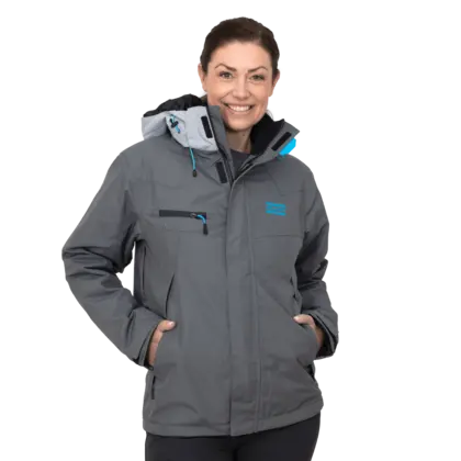 grey winter jacket with atlas copco logo in blue